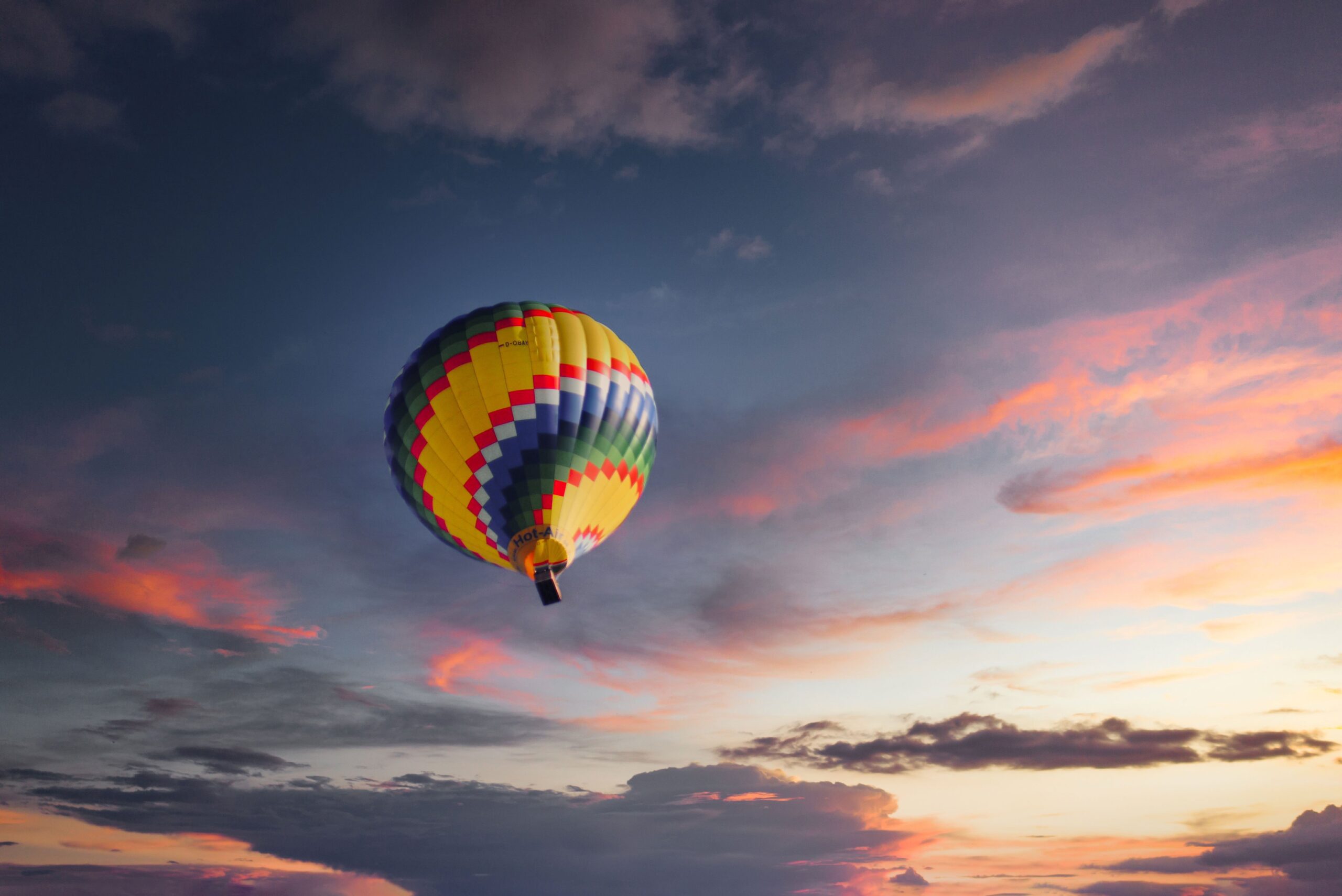 Hot air balloon over Sossusvlei dunes Namibia at sunrise