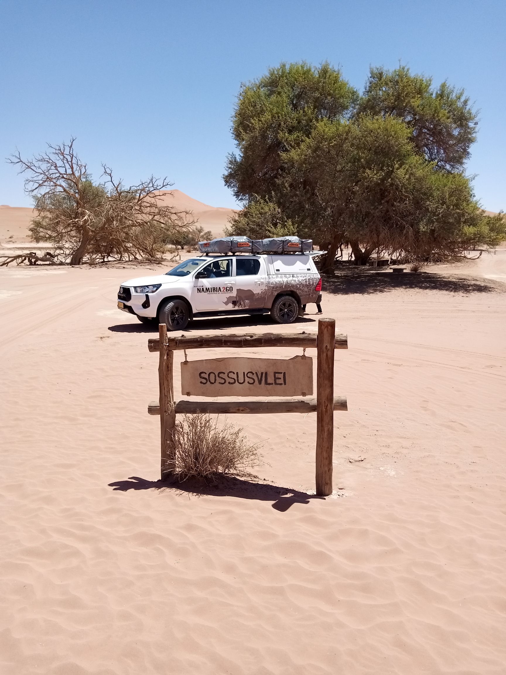 Sossusvlei dunes with vehicle 4x4 parked near Dune 45 Sossusvlei Namibia self-drive