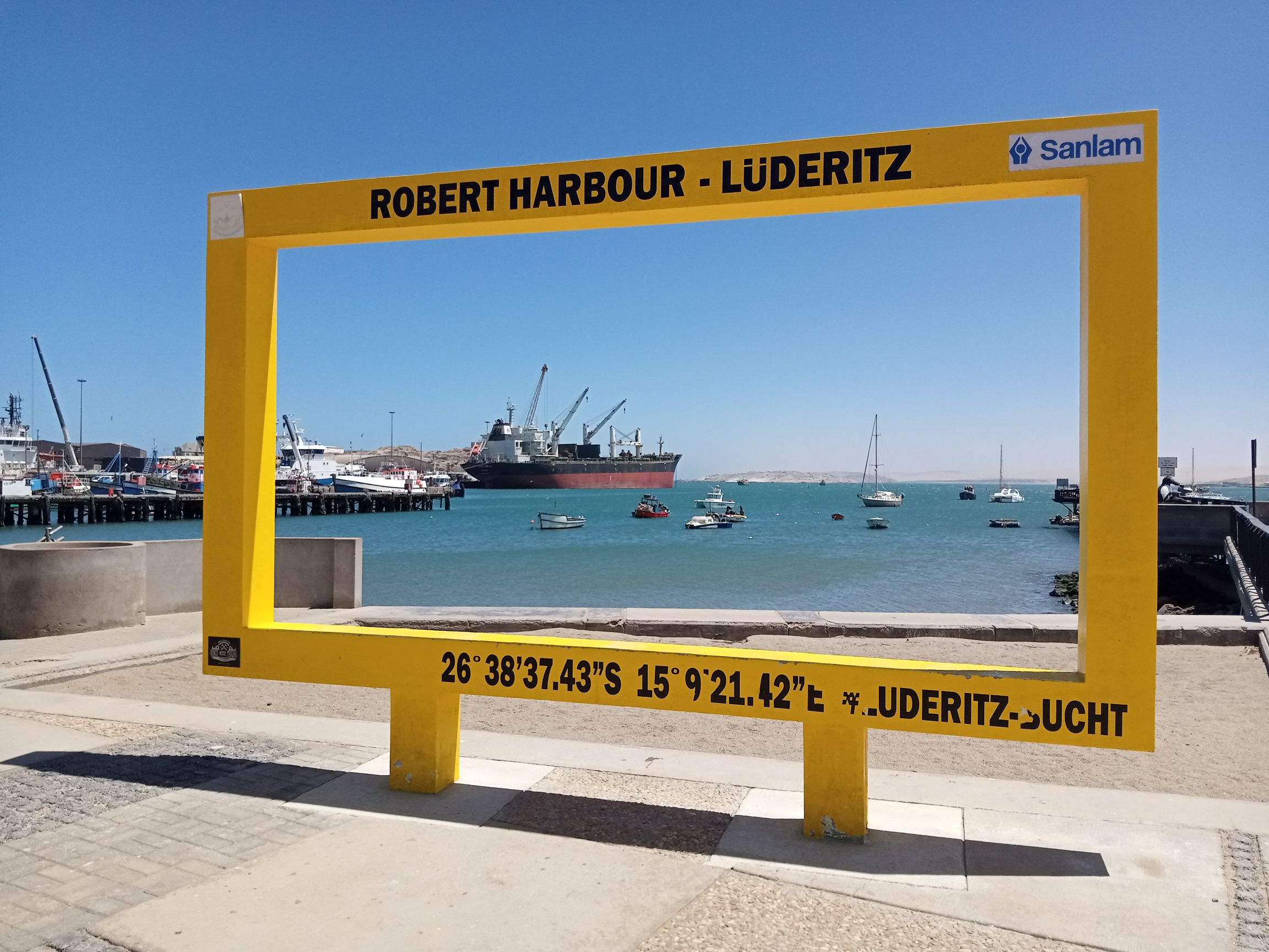 Lüderitz harbor Namibia with colorful buildings and Atlantic Ocean